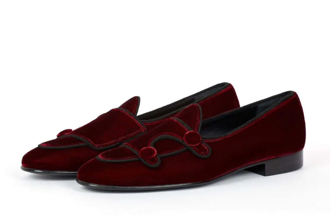 Burgundy Belgina Loafer Velvet Shoes, Double Monk Style Men Party Shoes