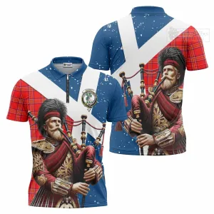 Burnett Tartan Zipper Polo Shirt with Family Crest Scottish Bagpiper Vibes