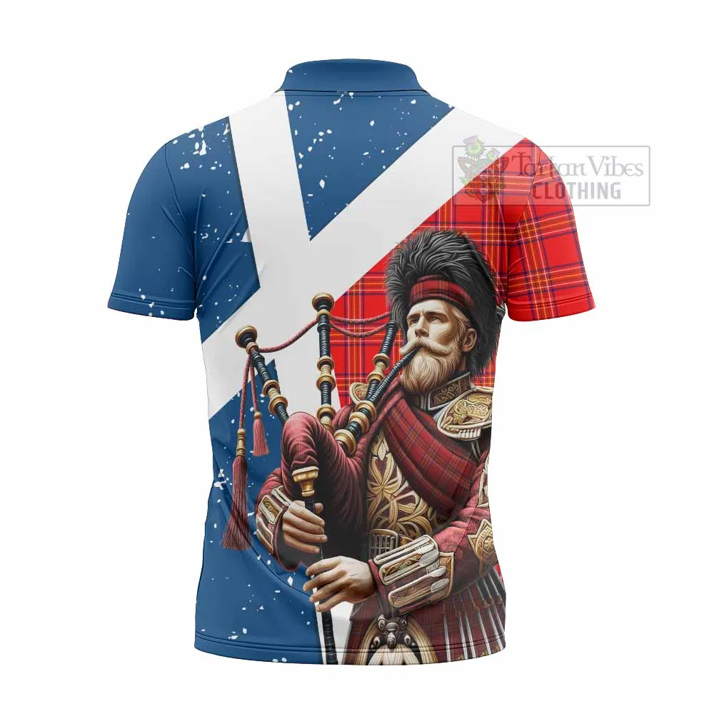 Burnett Tartan Zipper Polo Shirt with Family Crest Scottish Bagpiper Vibes