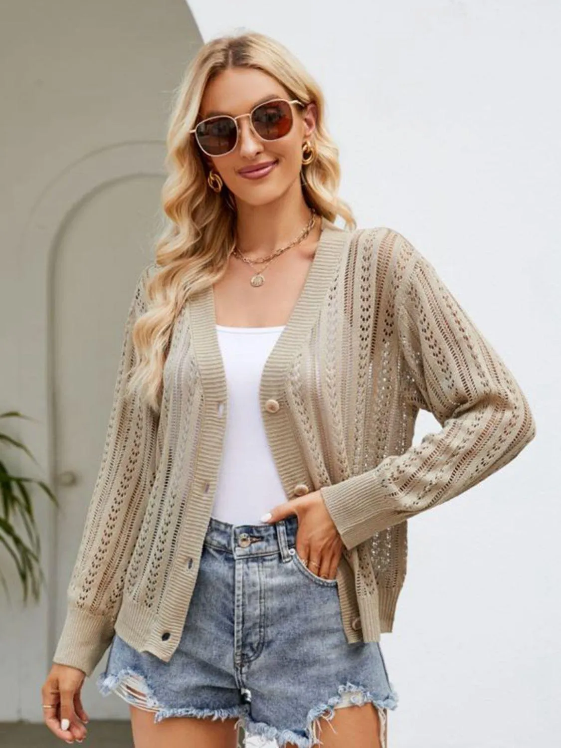 Button Down Ribbed Trim Cardigan