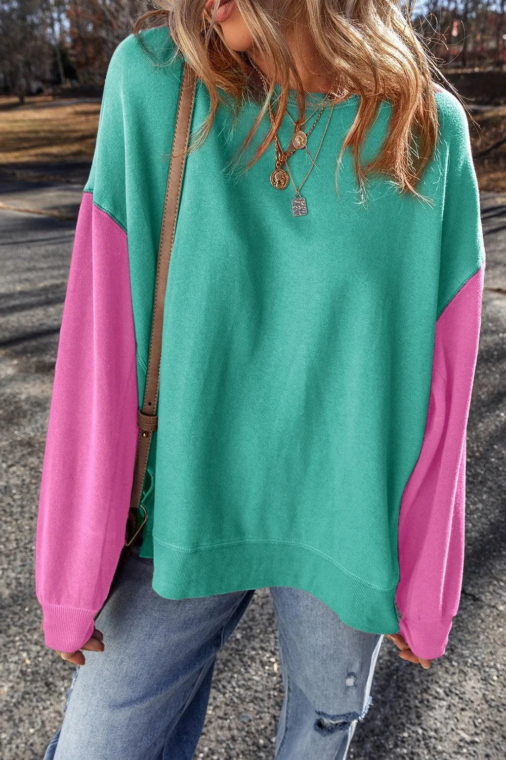 Contrast Round Neck Long Sleeve Sweatshirt