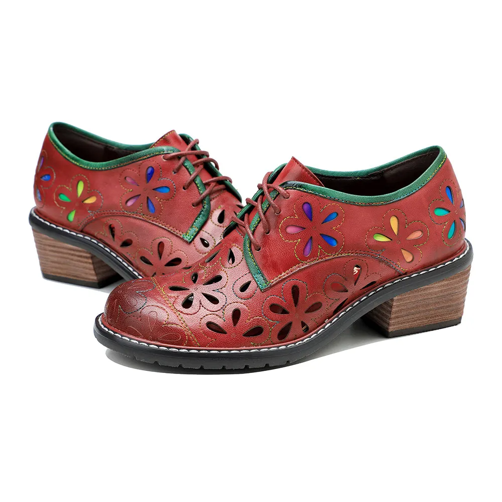 CrazycatZ Women's Leather Oxford Shoes Perforated Wingtip Colorful Leather Oxfords Shoes Red