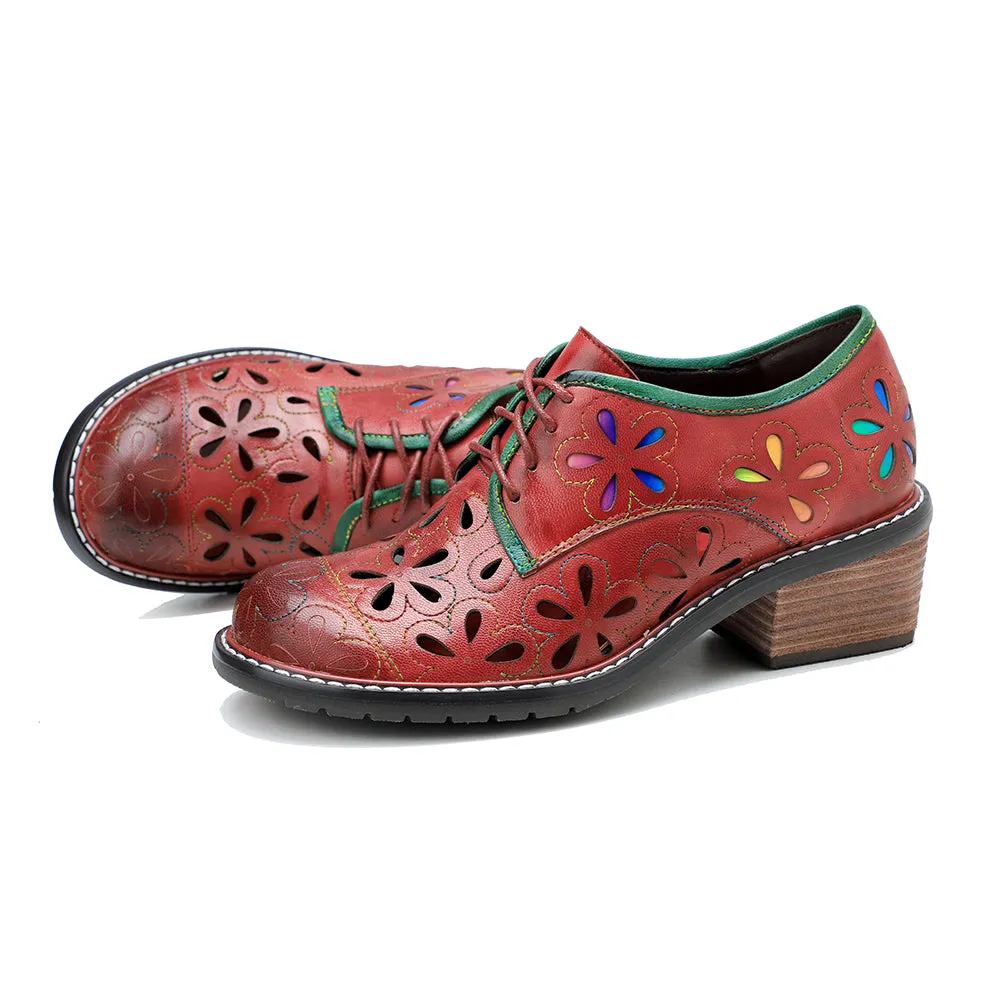 CrazycatZ Women's Leather Oxford Shoes Perforated Wingtip Colorful Leather Oxfords Shoes Red