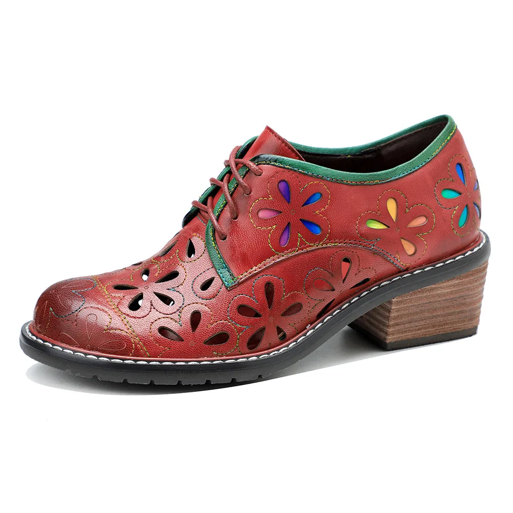 CrazycatZ Women's Leather Oxford Shoes Perforated Wingtip Colorful Leather Oxfords Shoes Red