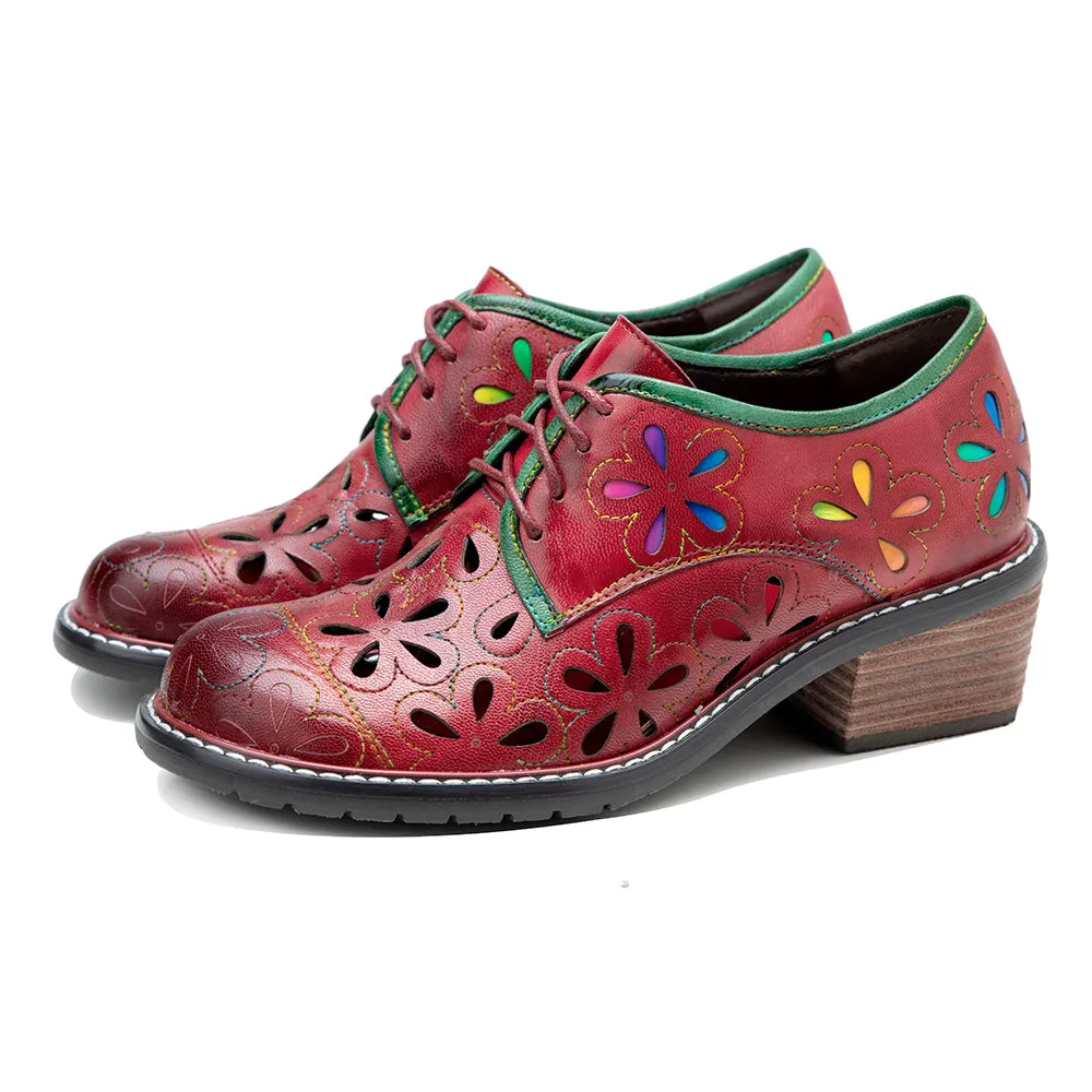 CrazycatZ Women's Leather Oxford Shoes Perforated Wingtip Colorful Leather Oxfords Shoes Red