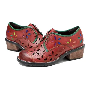 CrazycatZ Women's Leather Oxford Shoes Perforated Wingtip Colorful Leather Oxfords Shoes Red