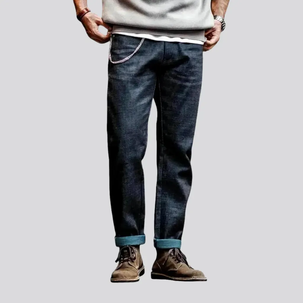 Dark faded cuffed selvedge men's jeans