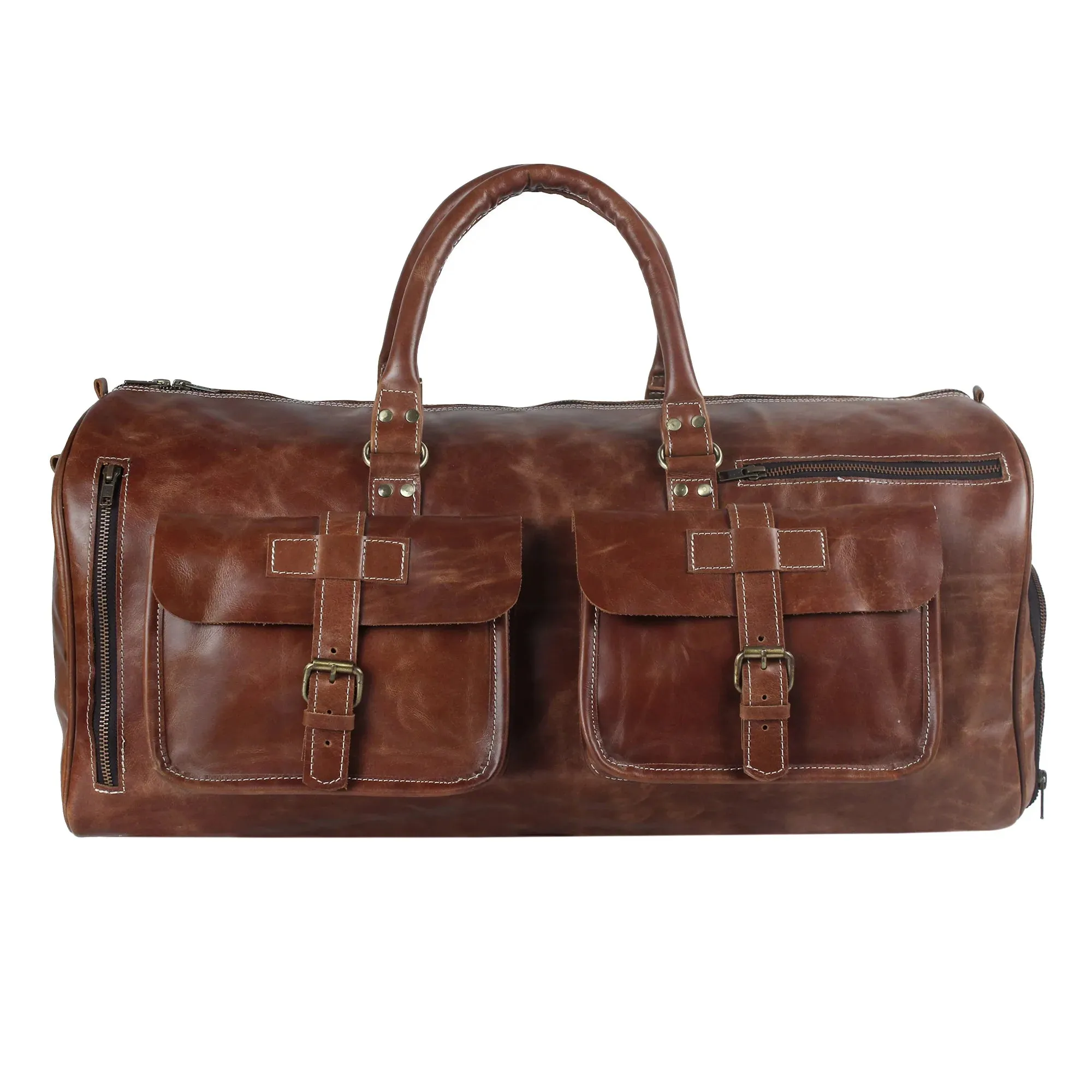 Dual Pocket Leather Duffle Bag