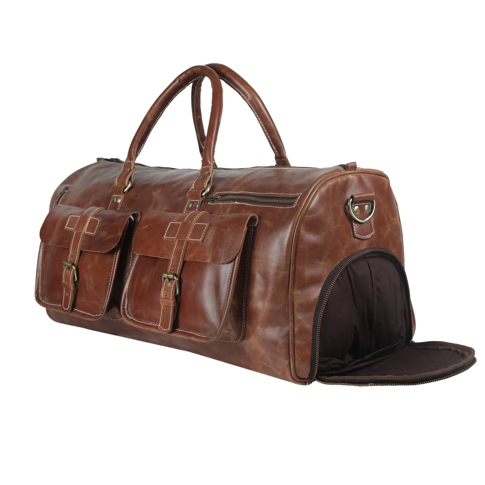 Dual Pocket Leather Duffle Bag