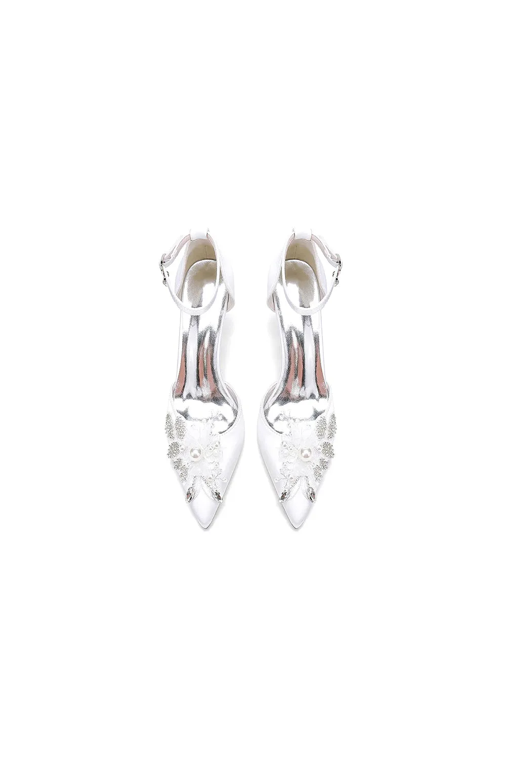 Elegant Ankle Strap White Wedding Shoes With Rhinestone Flower