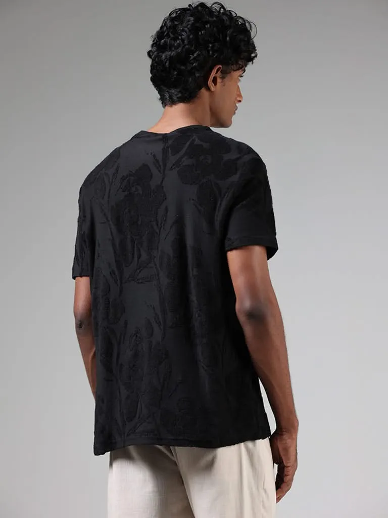 ETA Black Floral-Textured Cotton Blend Slim-Fit T-Shirt