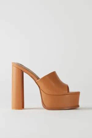 Faux Leather Platform Mule Heels in Tan