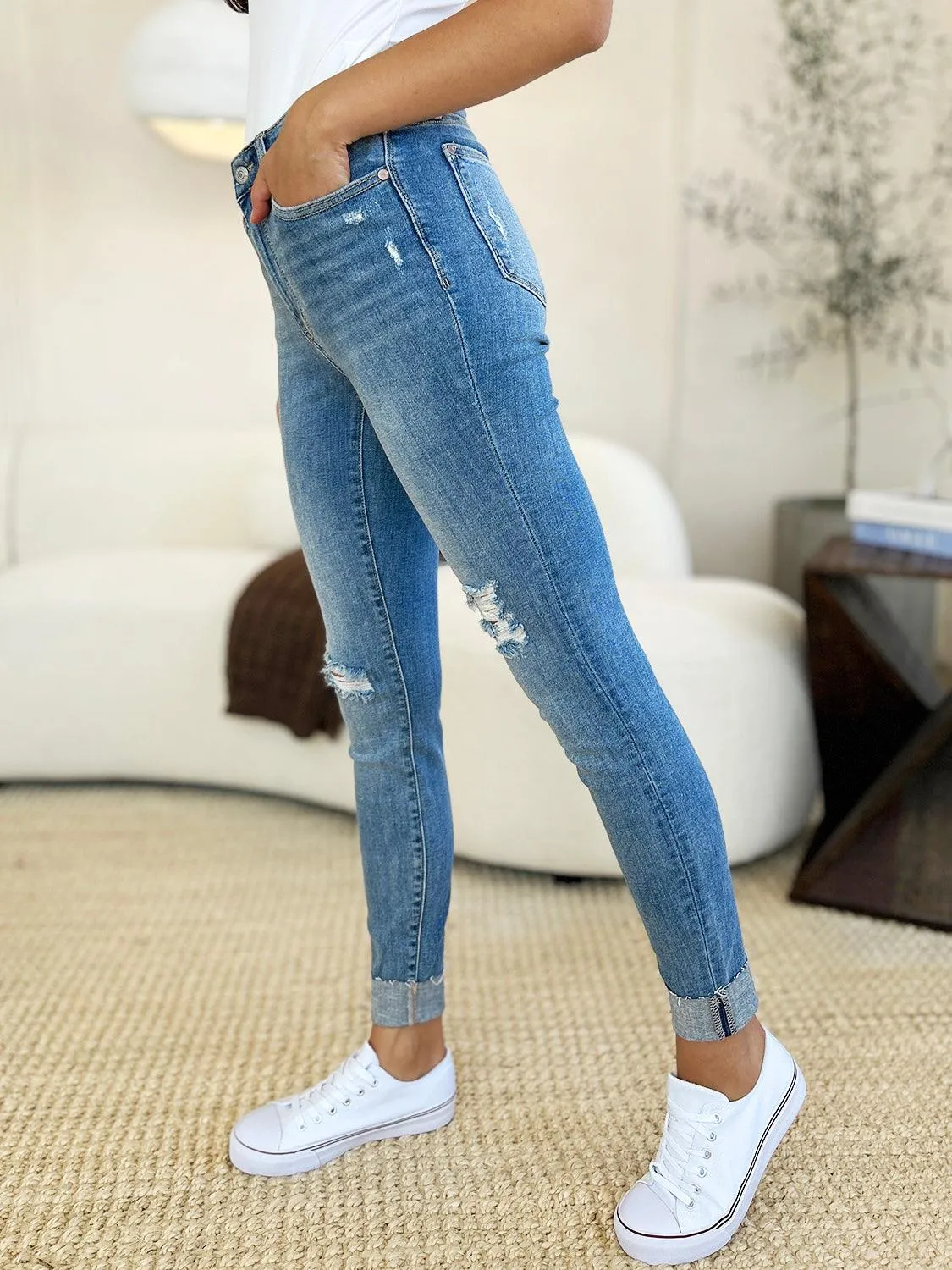 Full Size Mid Rise Destroy & Cuff Skinny Jeans