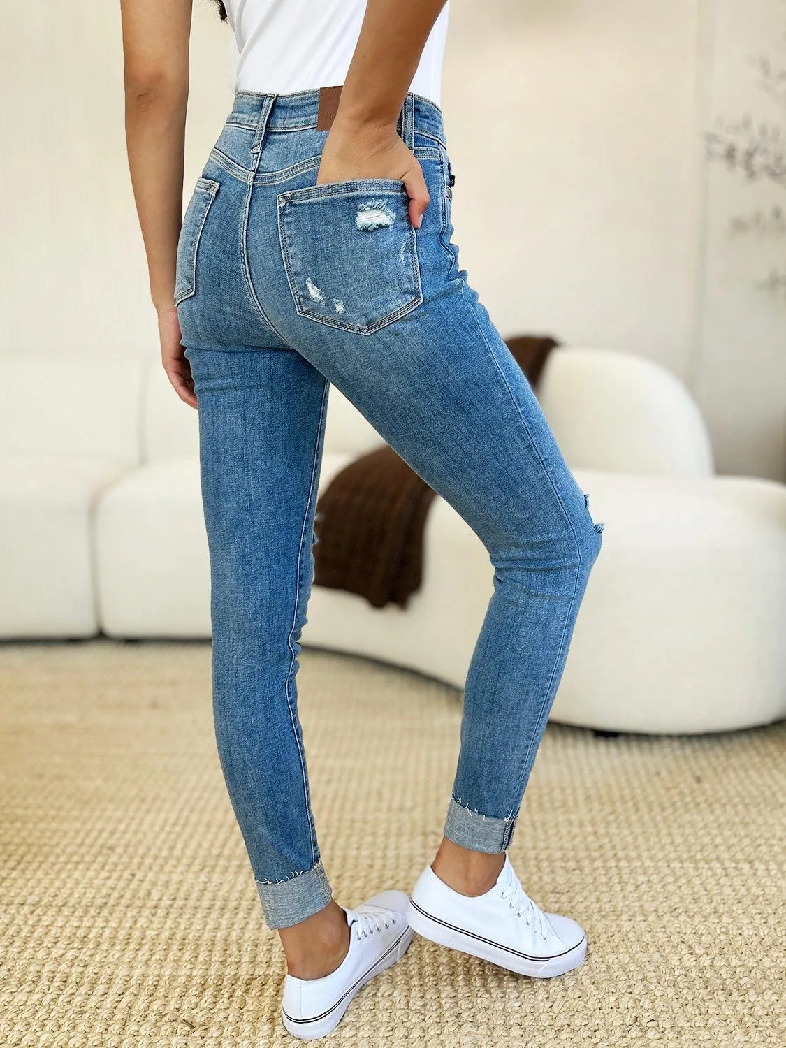 Full Size Mid Rise Destroy & Cuff Skinny Jeans