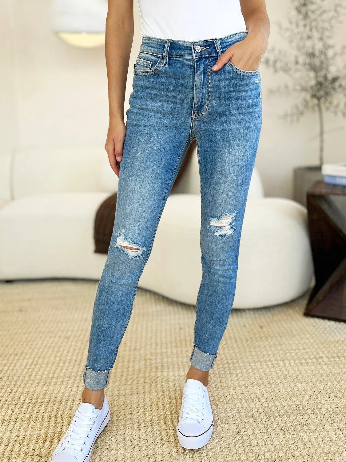 Full Size Mid Rise Destroy & Cuff Skinny Jeans