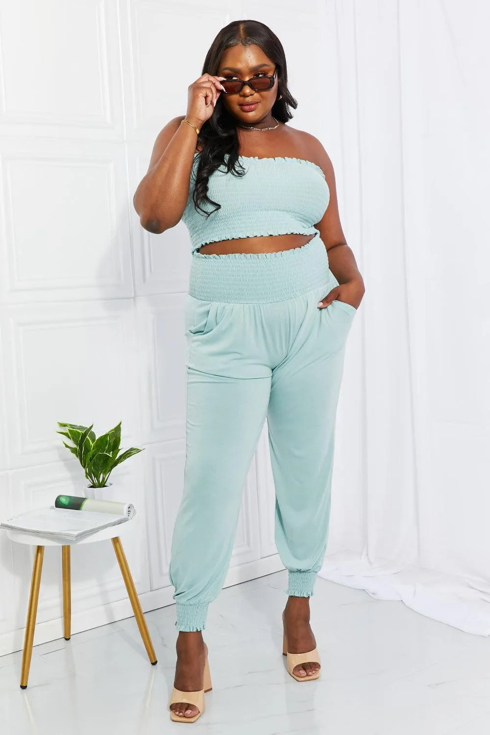 Full Size Smocked Tube Top & Joggers Set