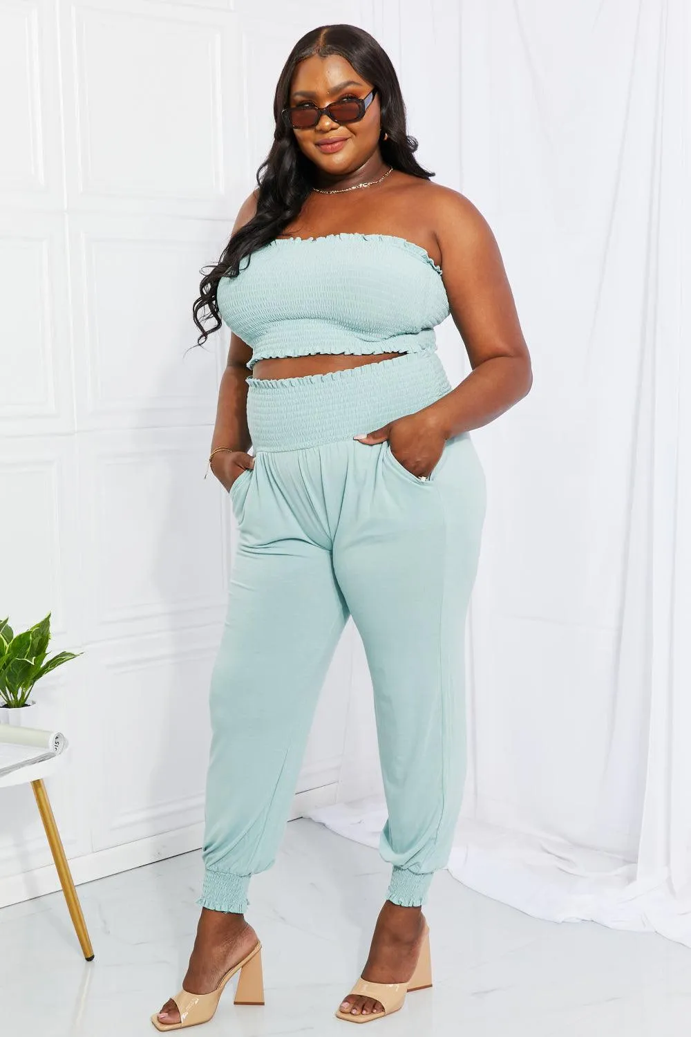 Full Size Smocked Tube Top & Joggers Set