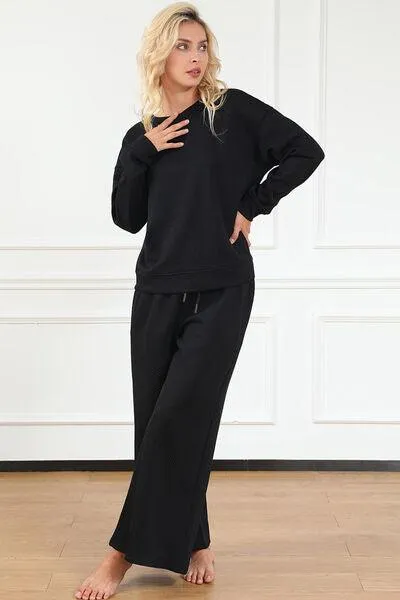 Full Size Textured Long Sleeve Top and Drawstring Pants Set