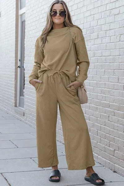 Full Size Textured Long Sleeve Top and Drawstring Pants Set