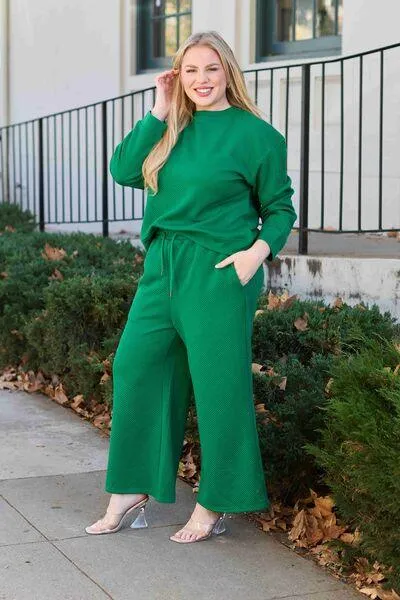 Full Size Textured Long Sleeve Top and Drawstring Pants Set