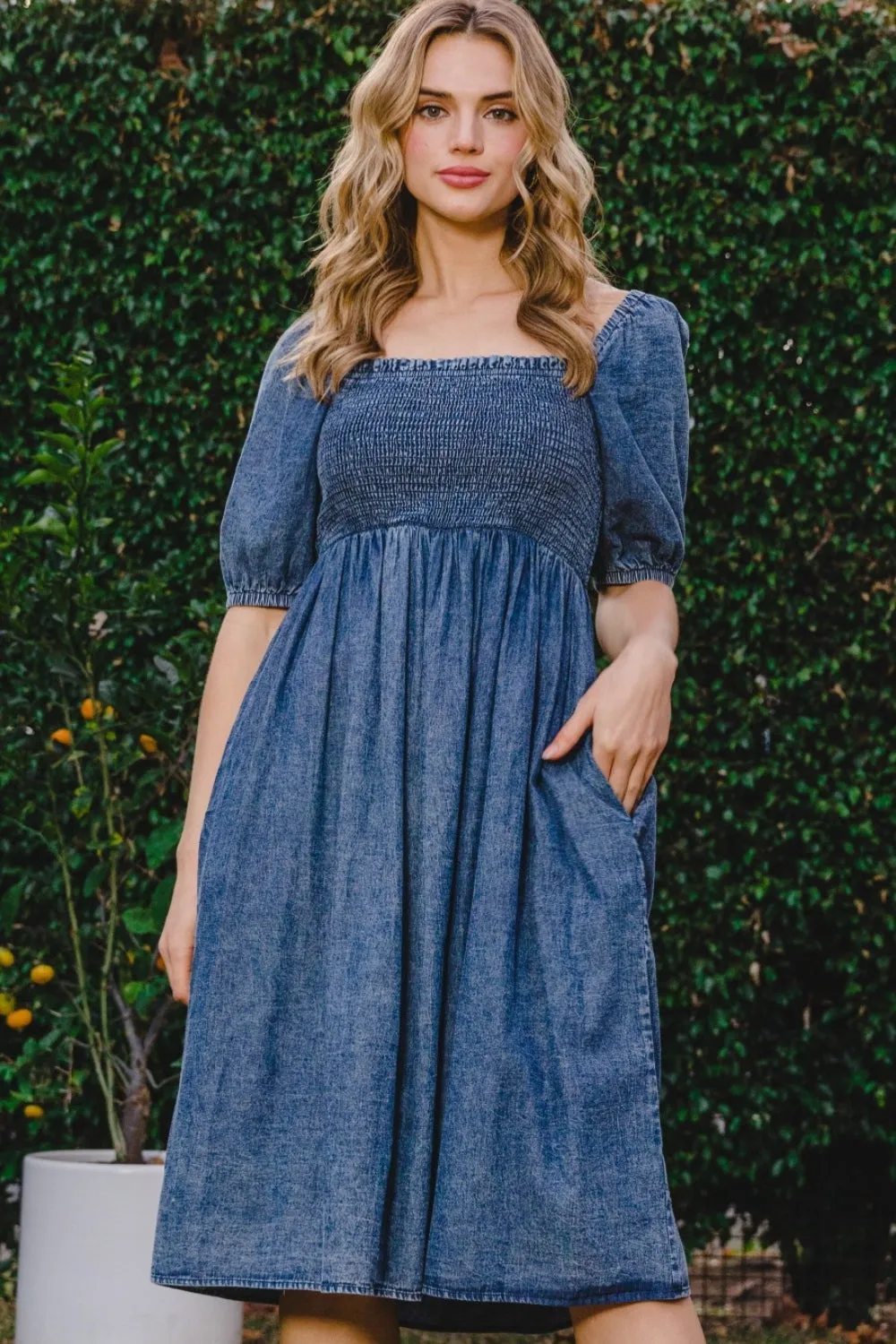 Full Size Washed Smocked Puff Sleeve Dress