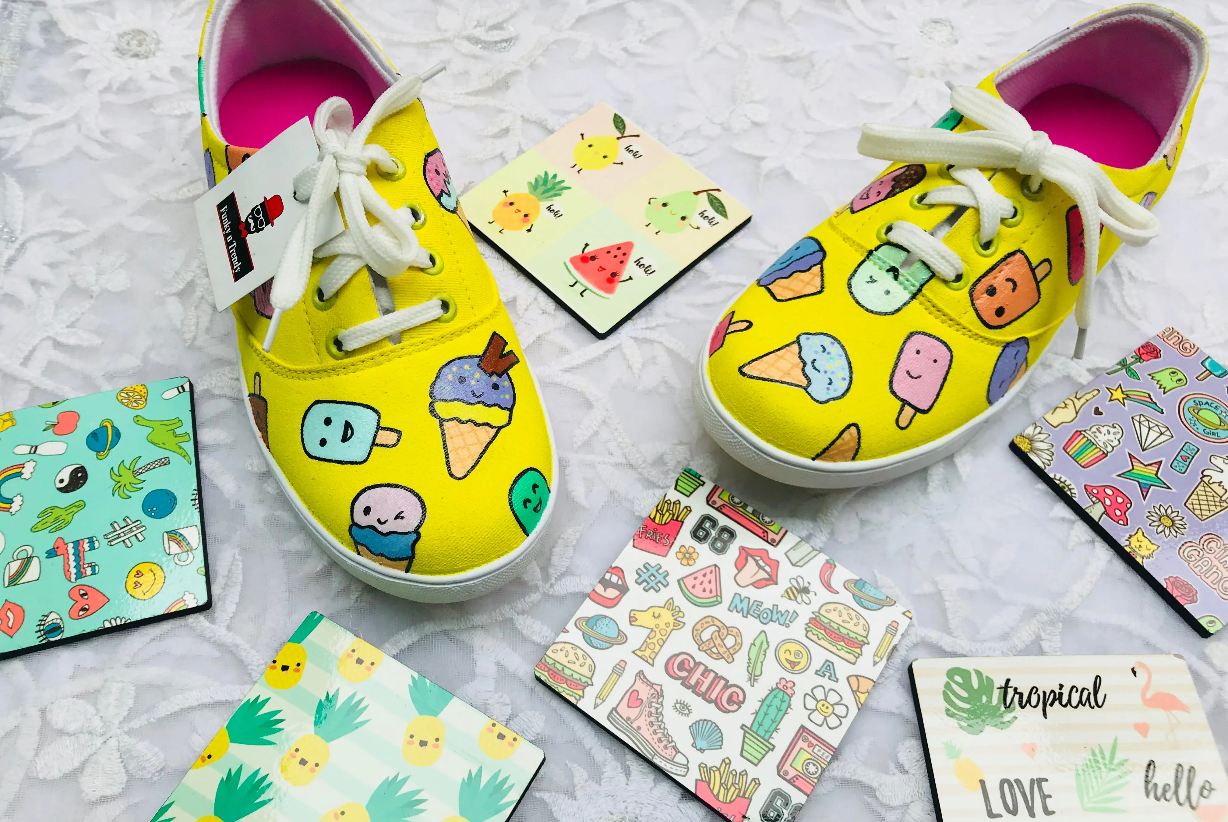 Funky N Trendy hand painted water resistant Ice cream theme yellow shoes