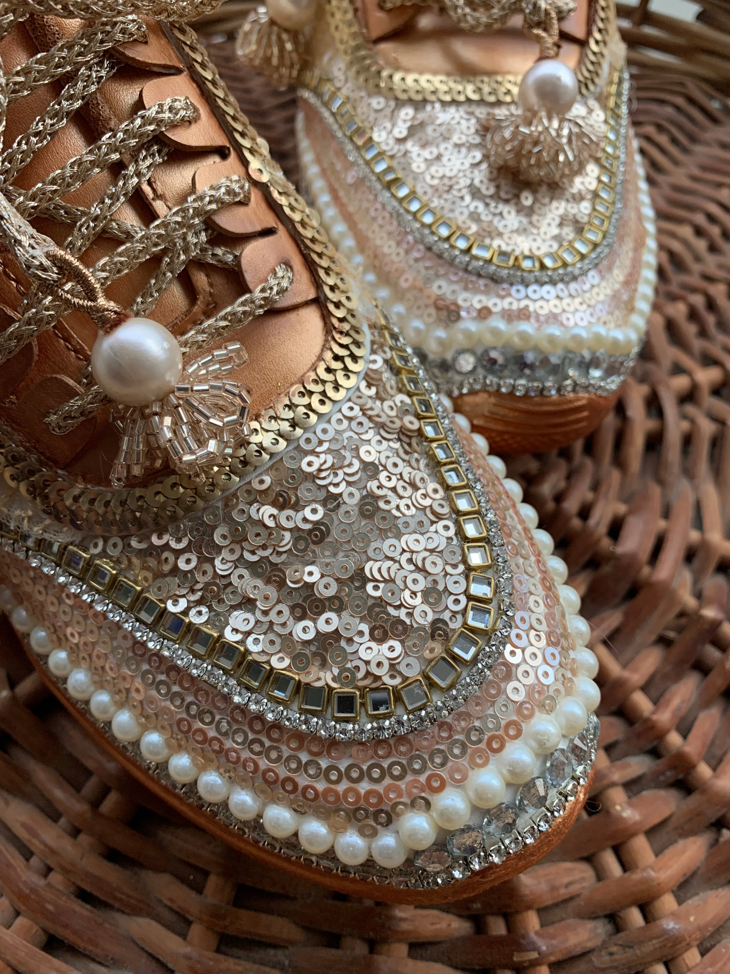 FUNKY N TRENDY rhinestone/ pearl in copper shade hand work sneakers for brides / bridesmaids