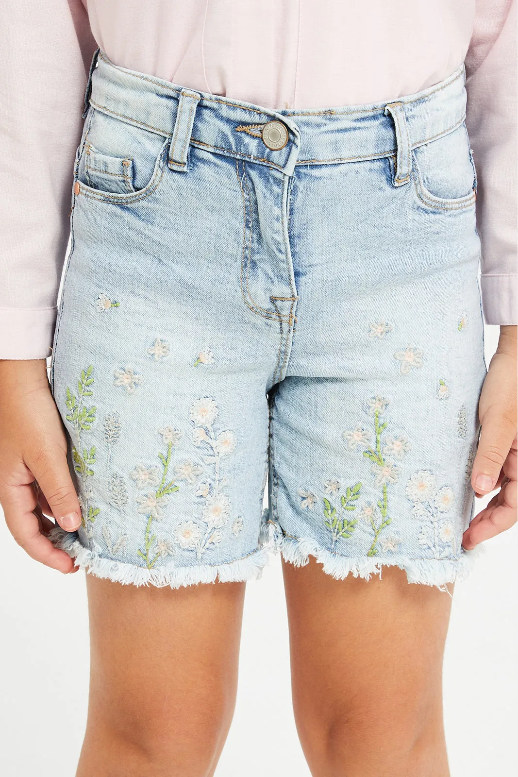 Girls Blue Embroidered Shorts