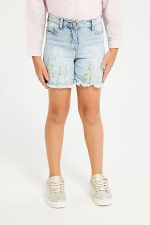 Girls Blue Embroidered Shorts