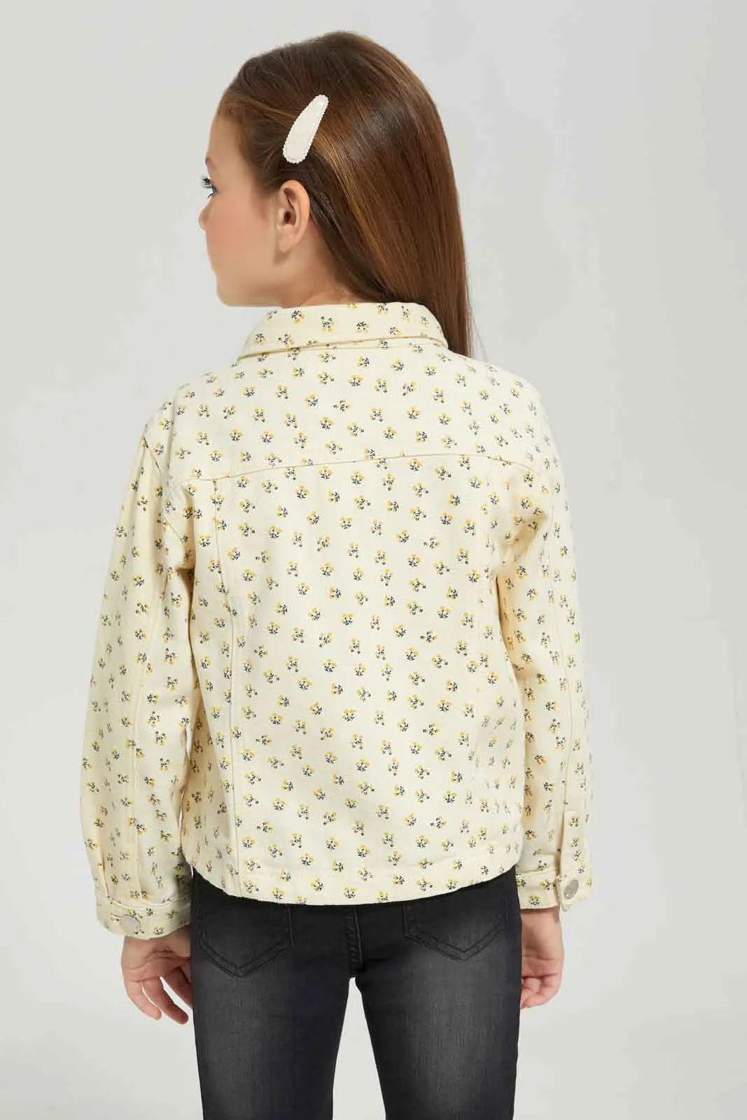 Girls Yellow Printed Jacket