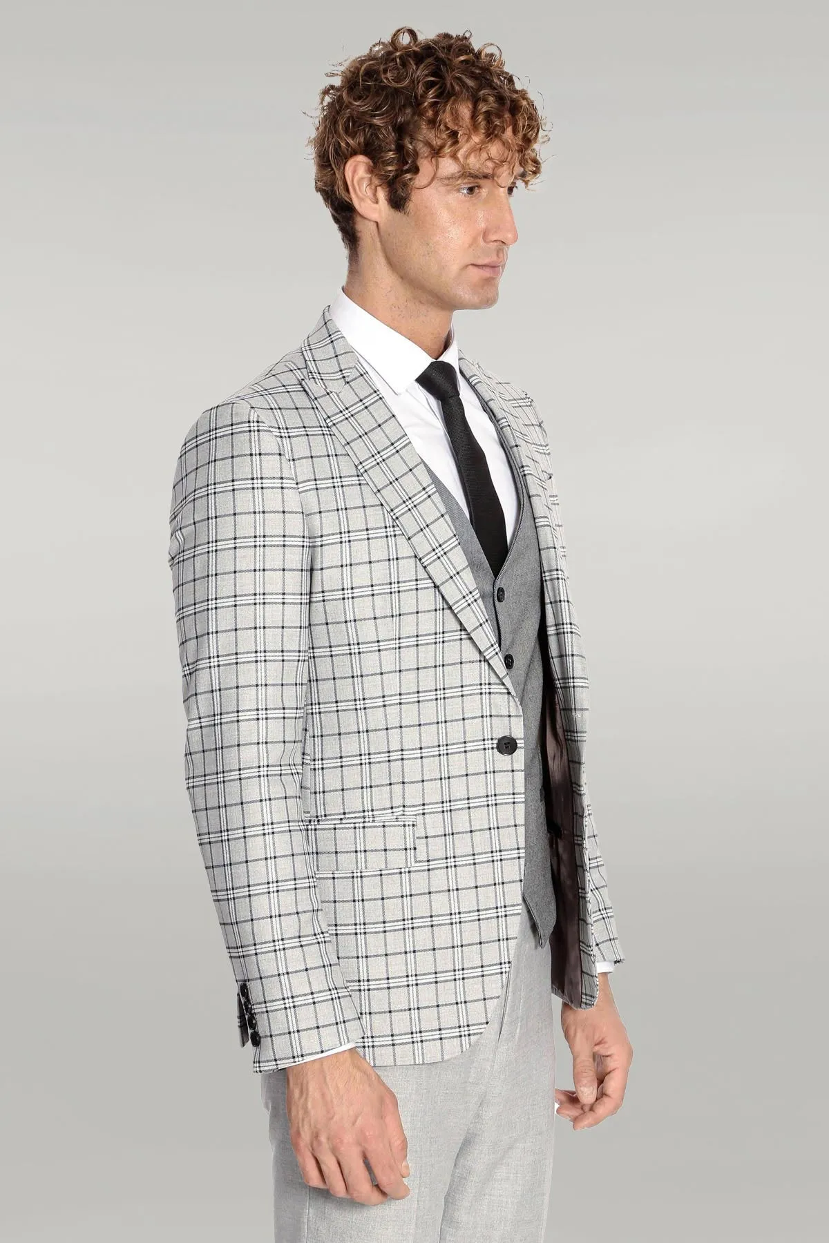 Grey Vested Slim Fit Checked Light Grey Men Suit - Wessi