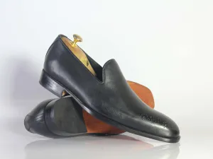 Handmade Black Brogue toe Leather Loafers For Men's