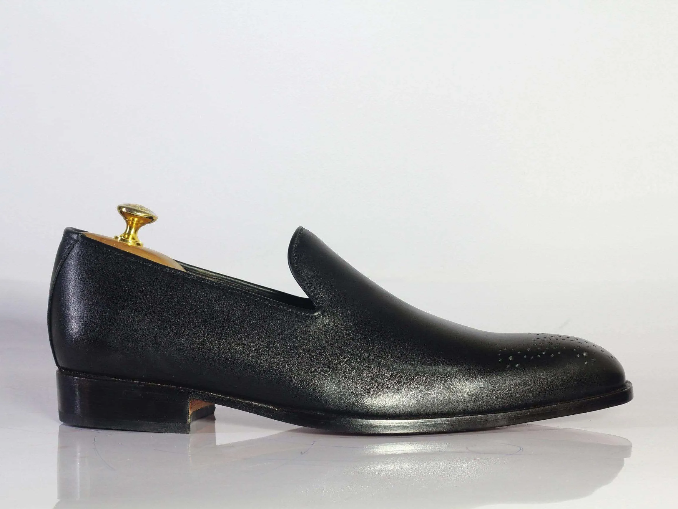 Handmade Black Brogue toe Leather Loafers For Men's