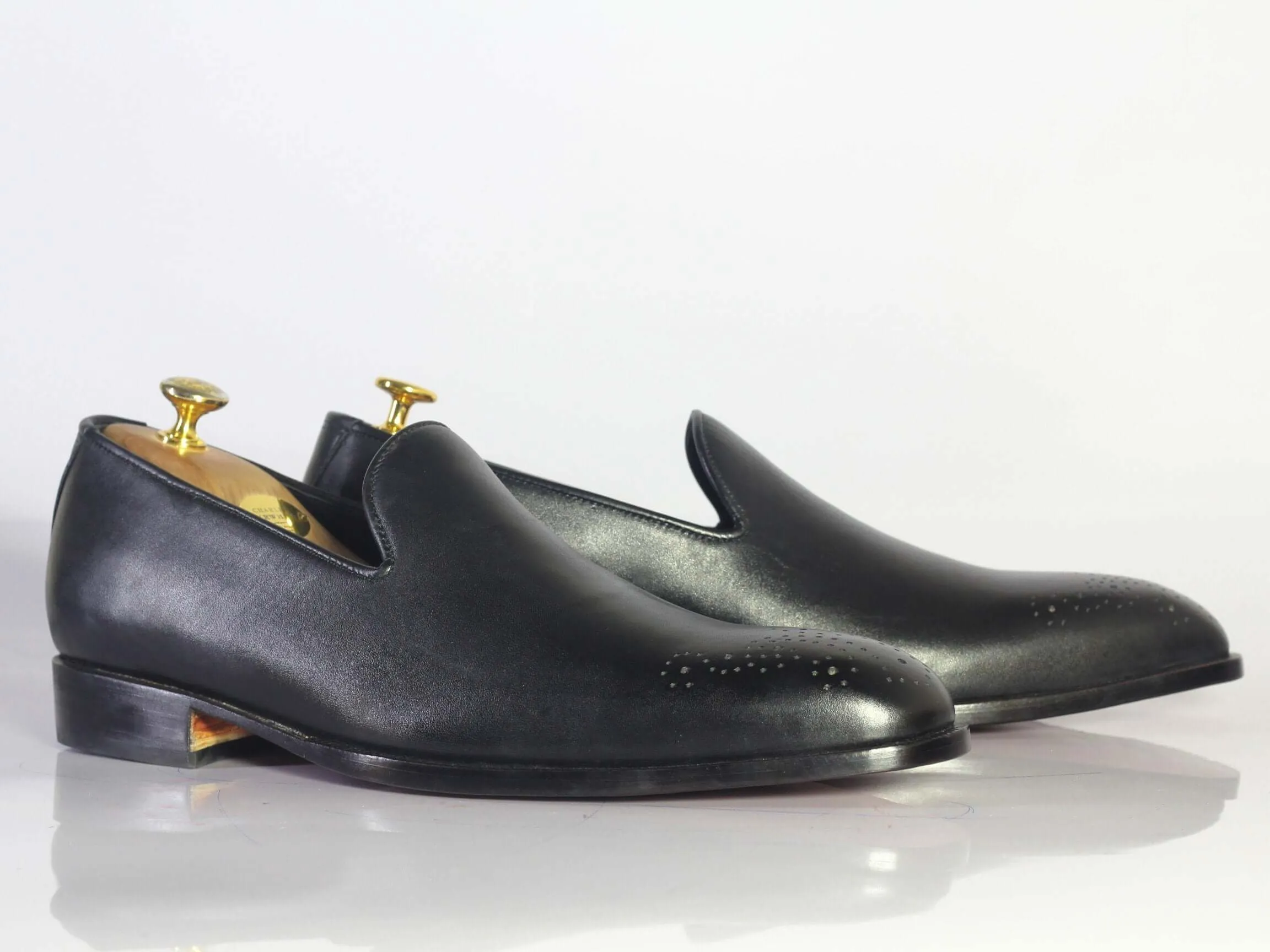 Handmade Black Brogue toe Leather Loafers For Men's