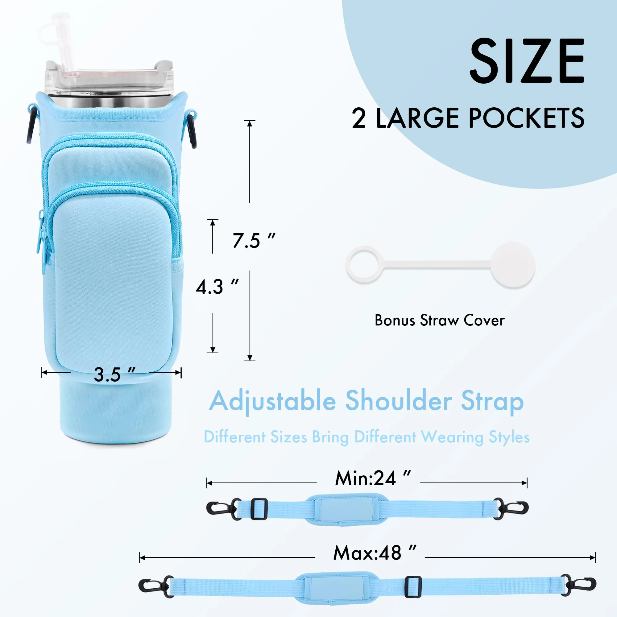 JEBEALUO Water Bottle Carrier Bag with Phone Pocket for Stanley Cup 40/30 oz, Water Bottle Holder with Adjustable Strap& Straw Cover, Stanley Cup Accessories (Blue)