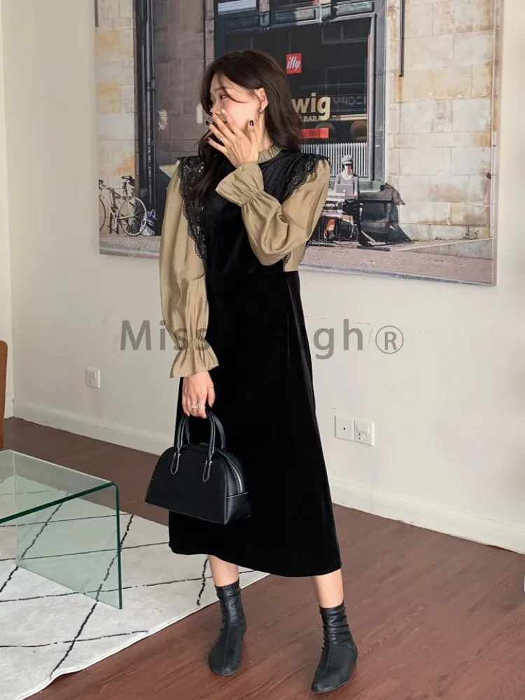 Joskaa French Vintage Velvet Dress Korean Style Lace Patchwork Elegant Party Dress Female Long Sleeve Midi Dress Fall Outfits 2024