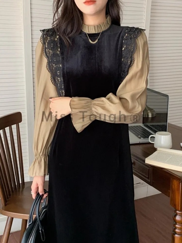 Joskaa French Vintage Velvet Dress Korean Style Lace Patchwork Elegant Party Dress Female Long Sleeve Midi Dress Fall Outfits 2024