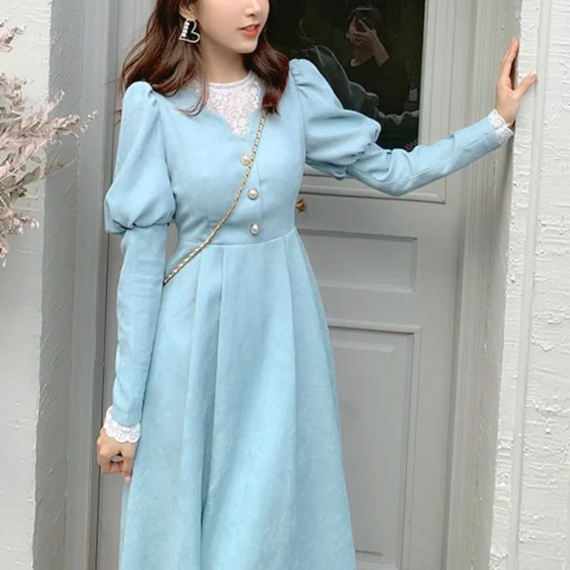 Joskaa Spring Fall French Patchwork Dress Women Elegant Blue Lace Dress Female Puff Sleeve Kawaii Korean One-piece Dress 2024