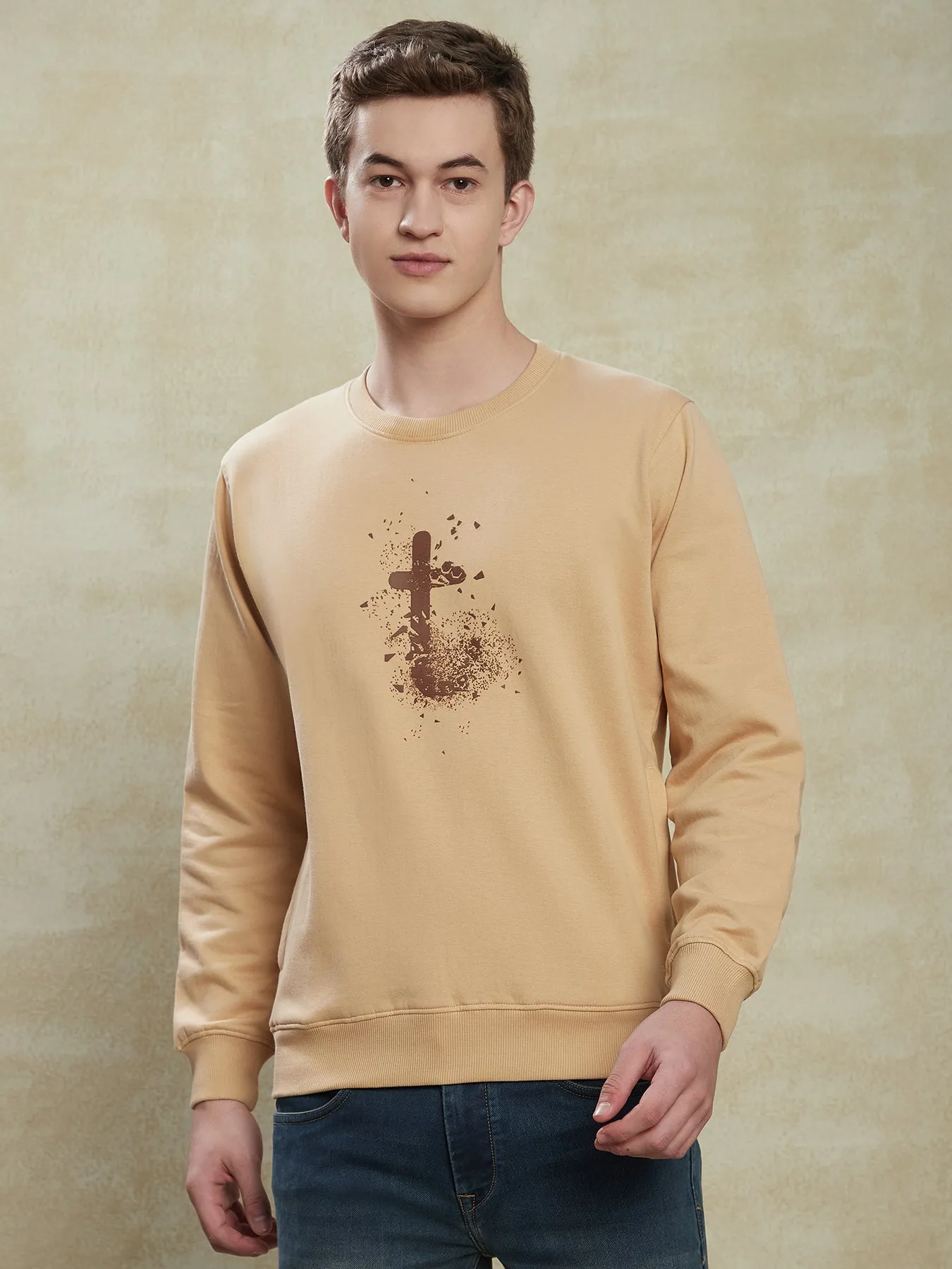 Knitted Khaki Printed Regular Fit Full Sleeve Casual Sweatshirt