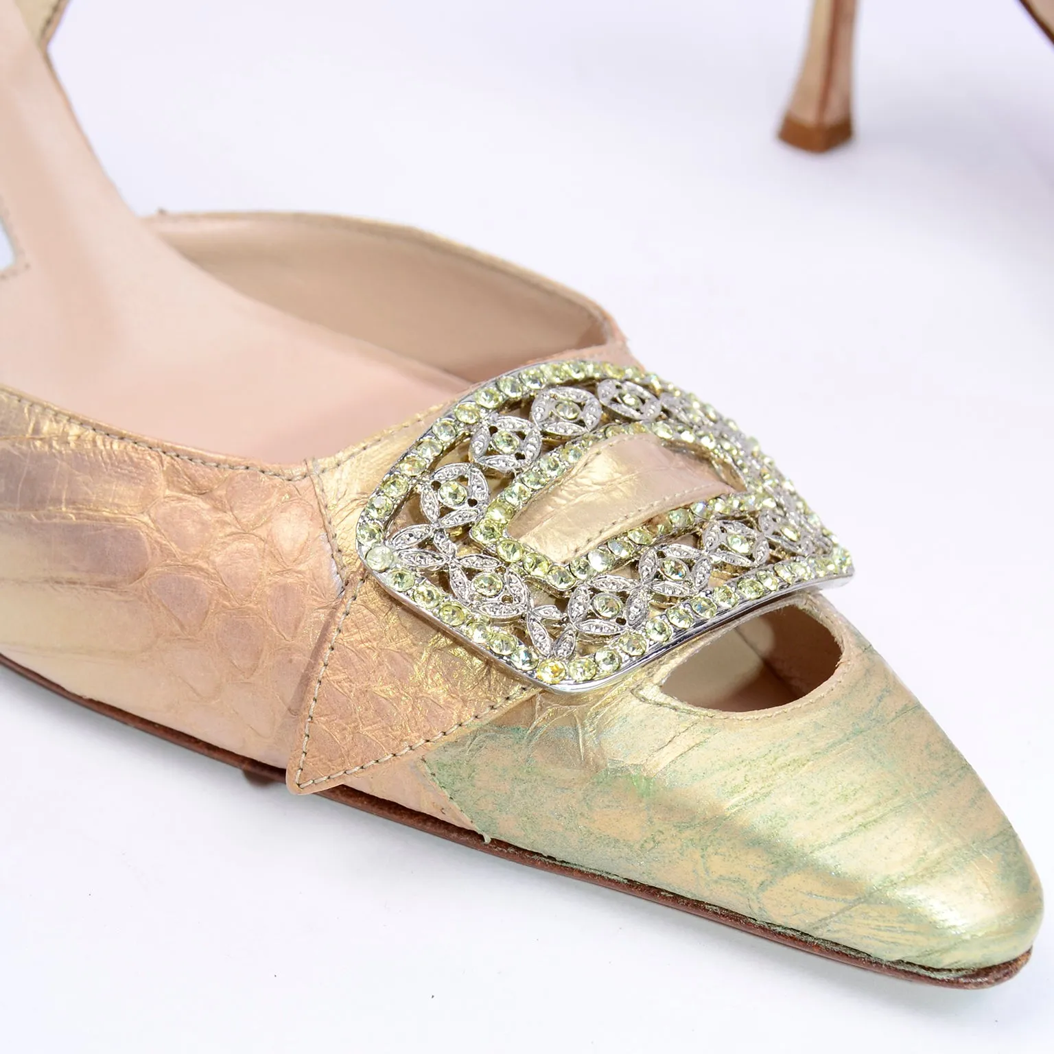 Manolo Blahnik Gold Slingback Heels w/ Large Crystal Buckle 36.5