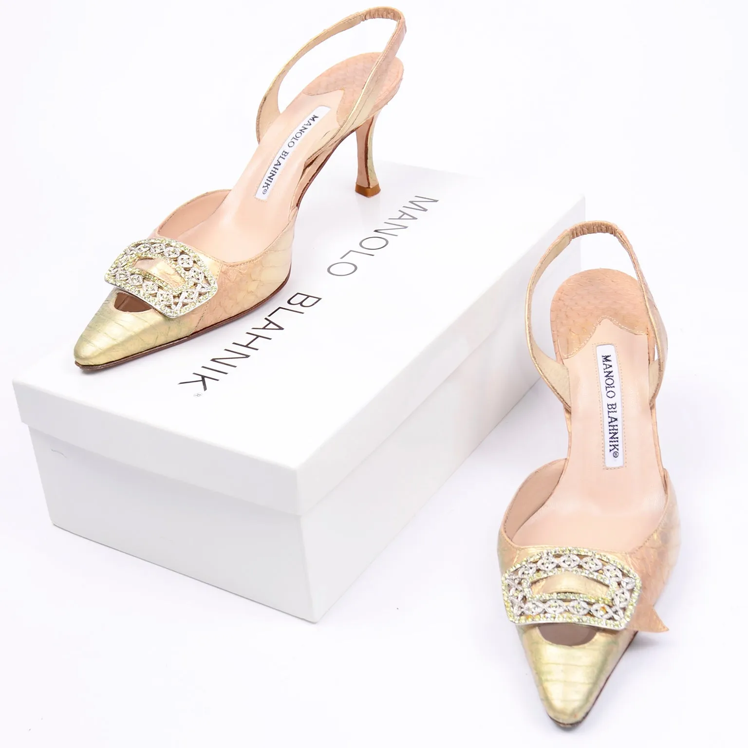 Manolo Blahnik Gold Slingback Heels w/ Large Crystal Buckle 36.5