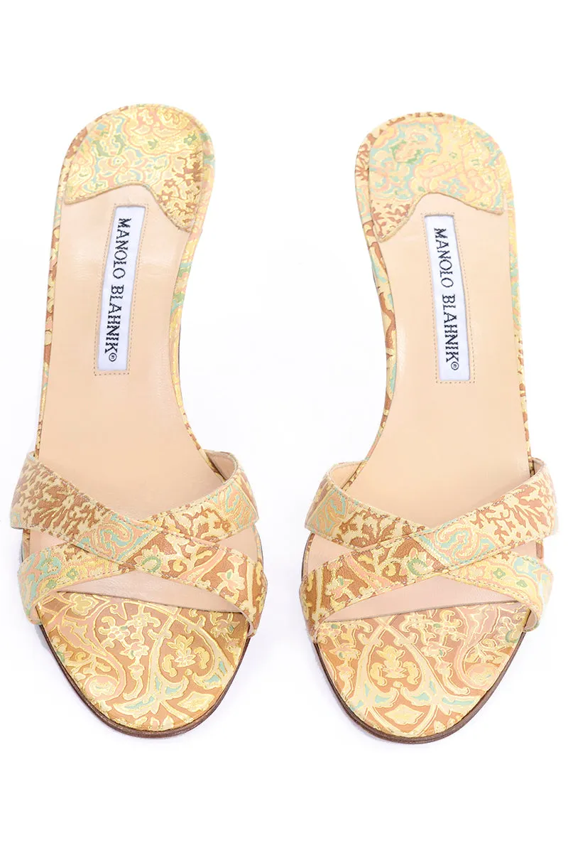 Manolo Blahnik Size 38.5 Gold Turquoise Bronze Floral Heel Sandals