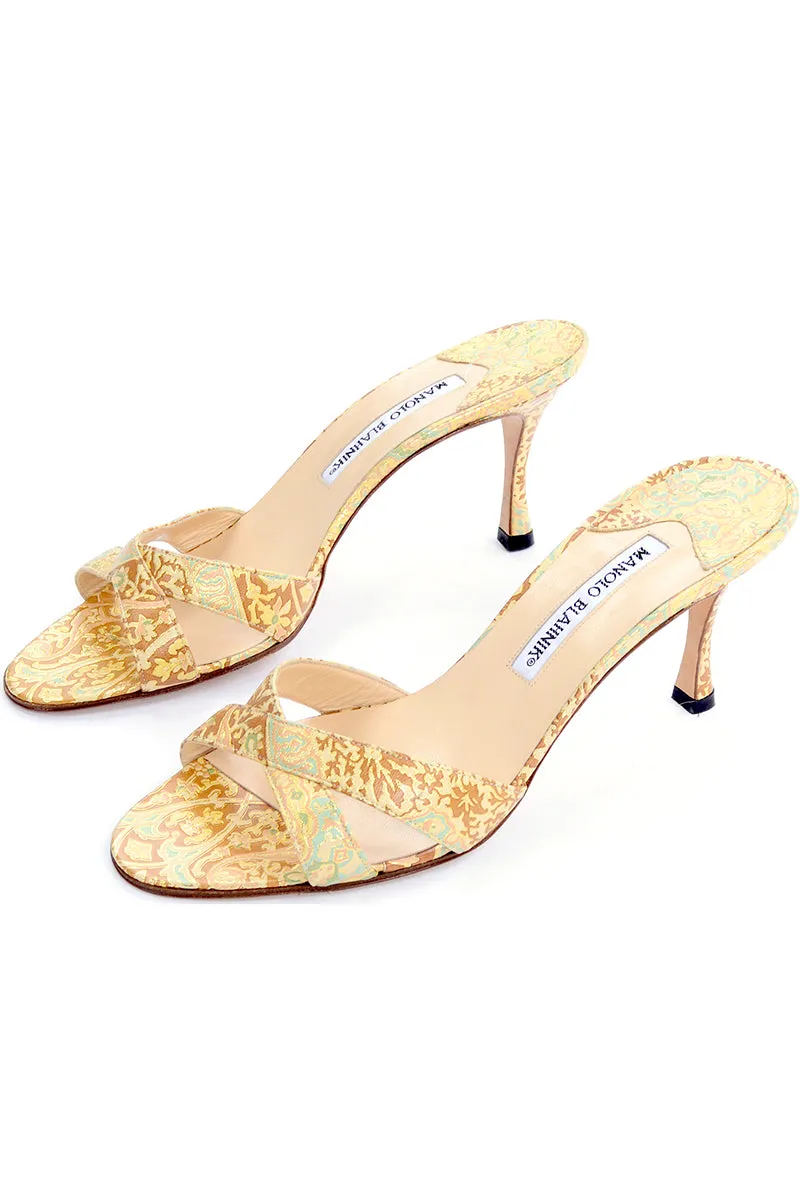 Manolo Blahnik Size 38.5 Gold Turquoise Bronze Floral Heel Sandals