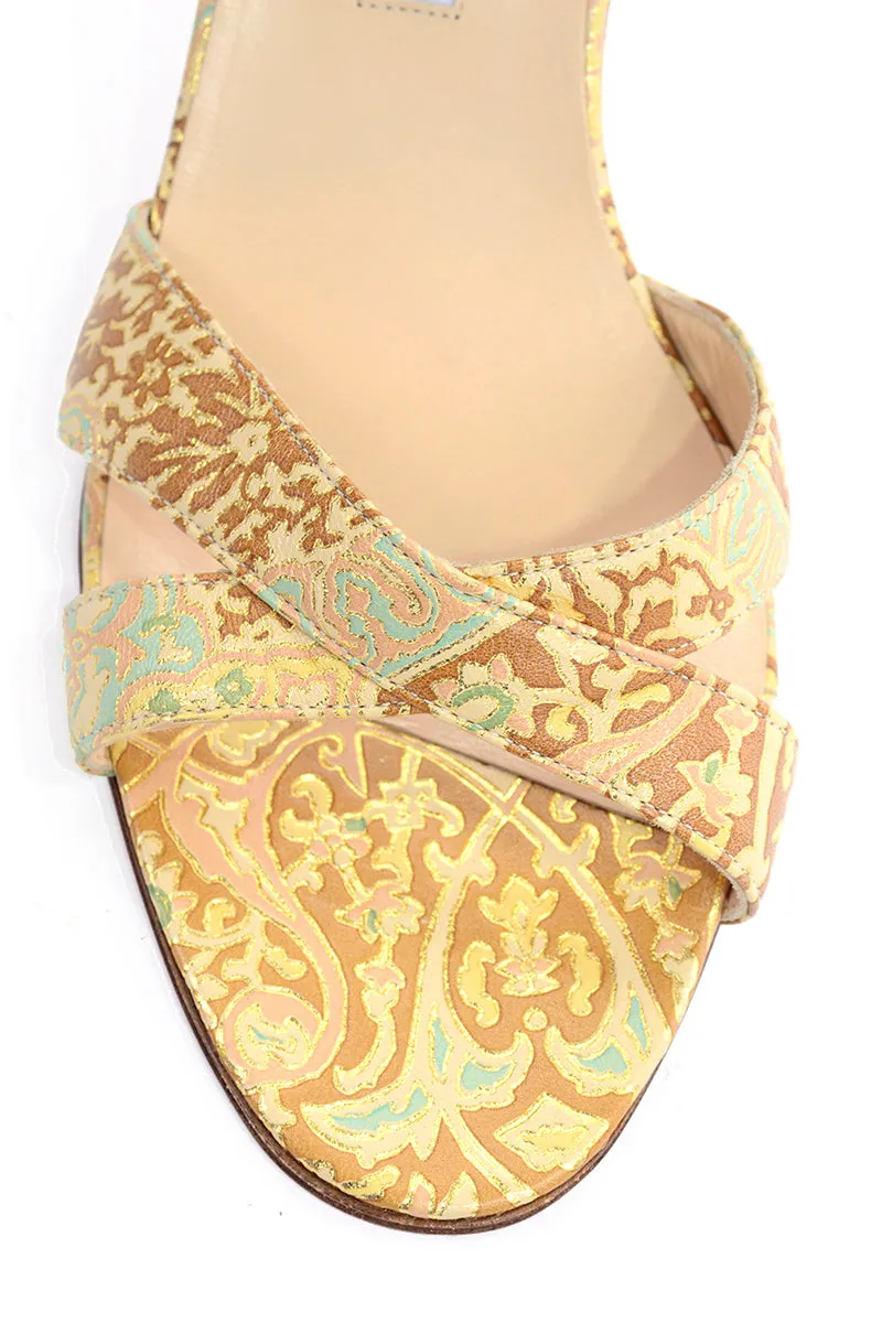 Manolo Blahnik Size 38.5 Gold Turquoise Bronze Floral Heel Sandals