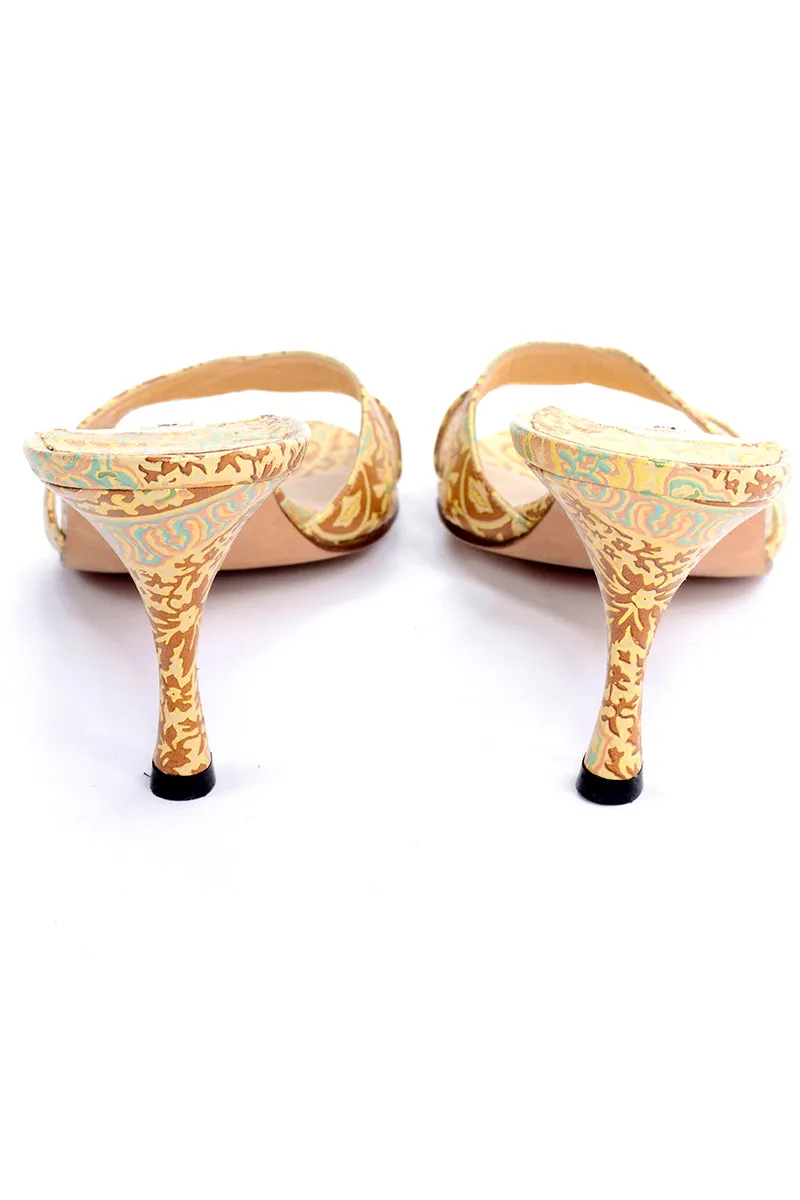 Manolo Blahnik Size 38.5 Gold Turquoise Bronze Floral Heel Sandals