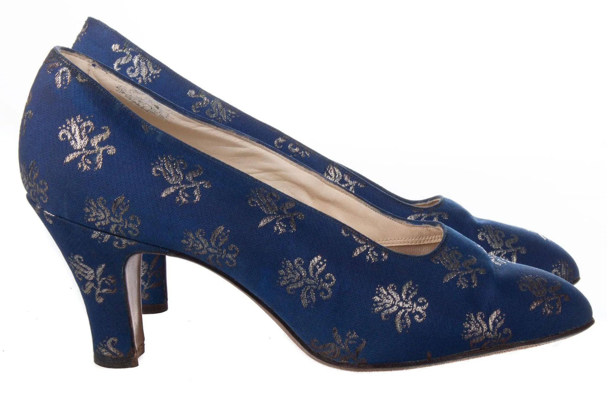 Marshall and Snellgrove Vintage Blue and Gold Brocade Shoes set UK Size 4.