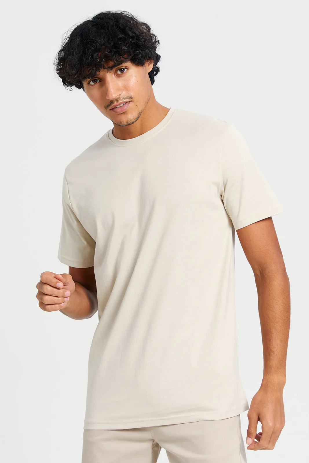 Men Beige Basic T-Shirt