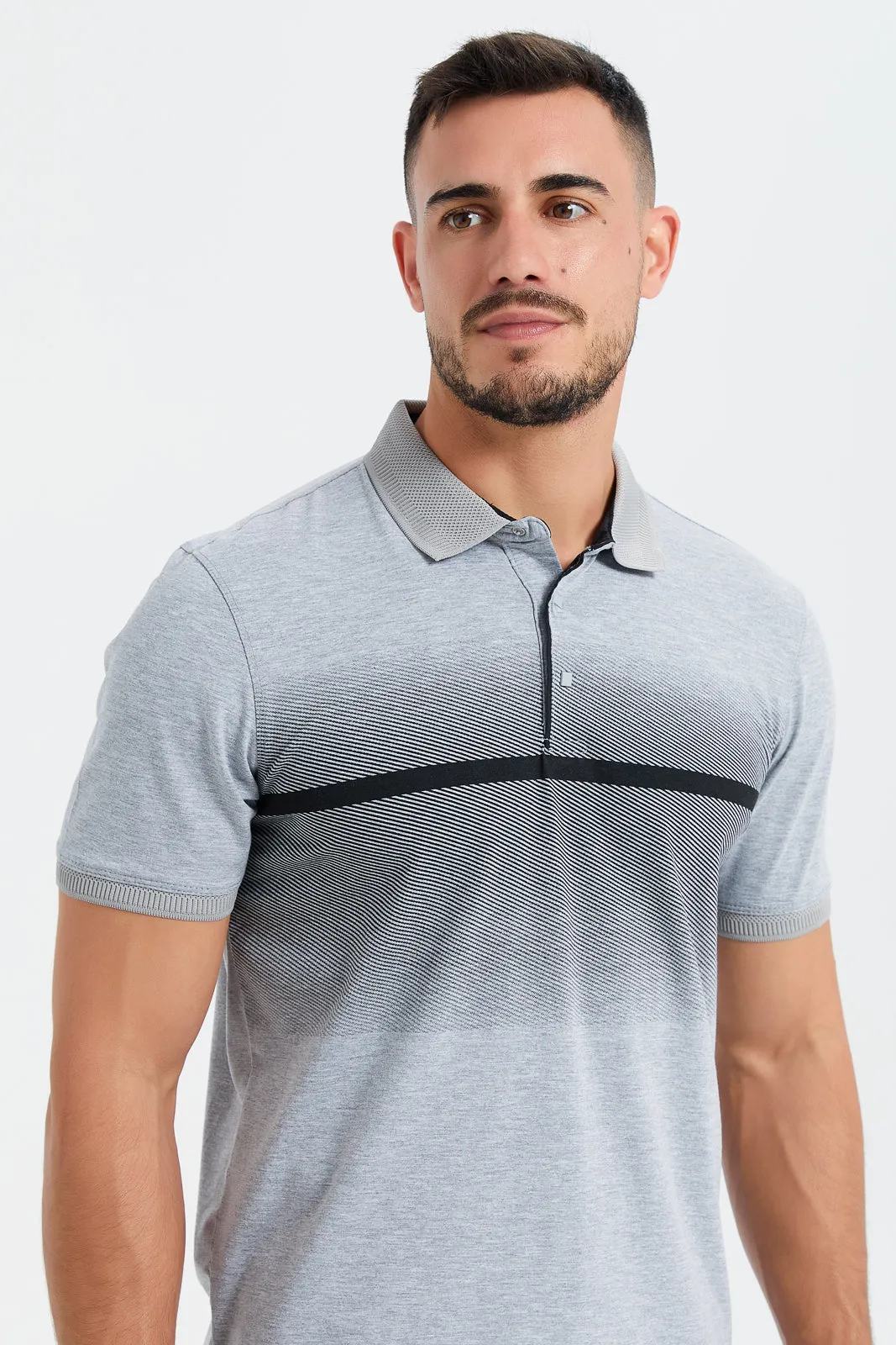 Men Grey Print Polo T-Shirt