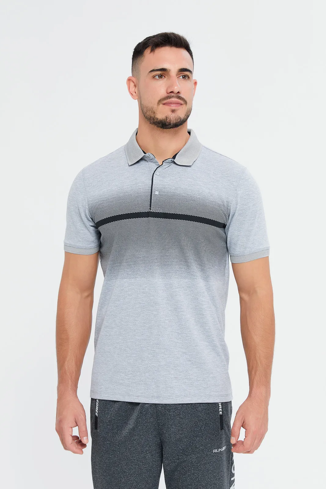 Men Grey Print Polo T-Shirt