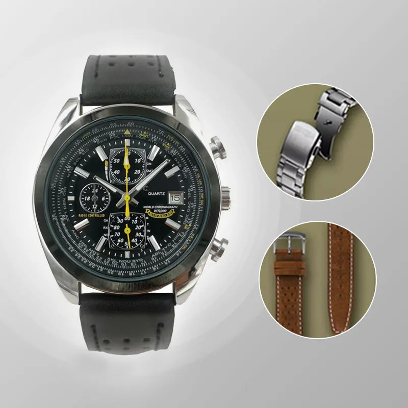 Men's multi-function quartz watch with multiple buttons